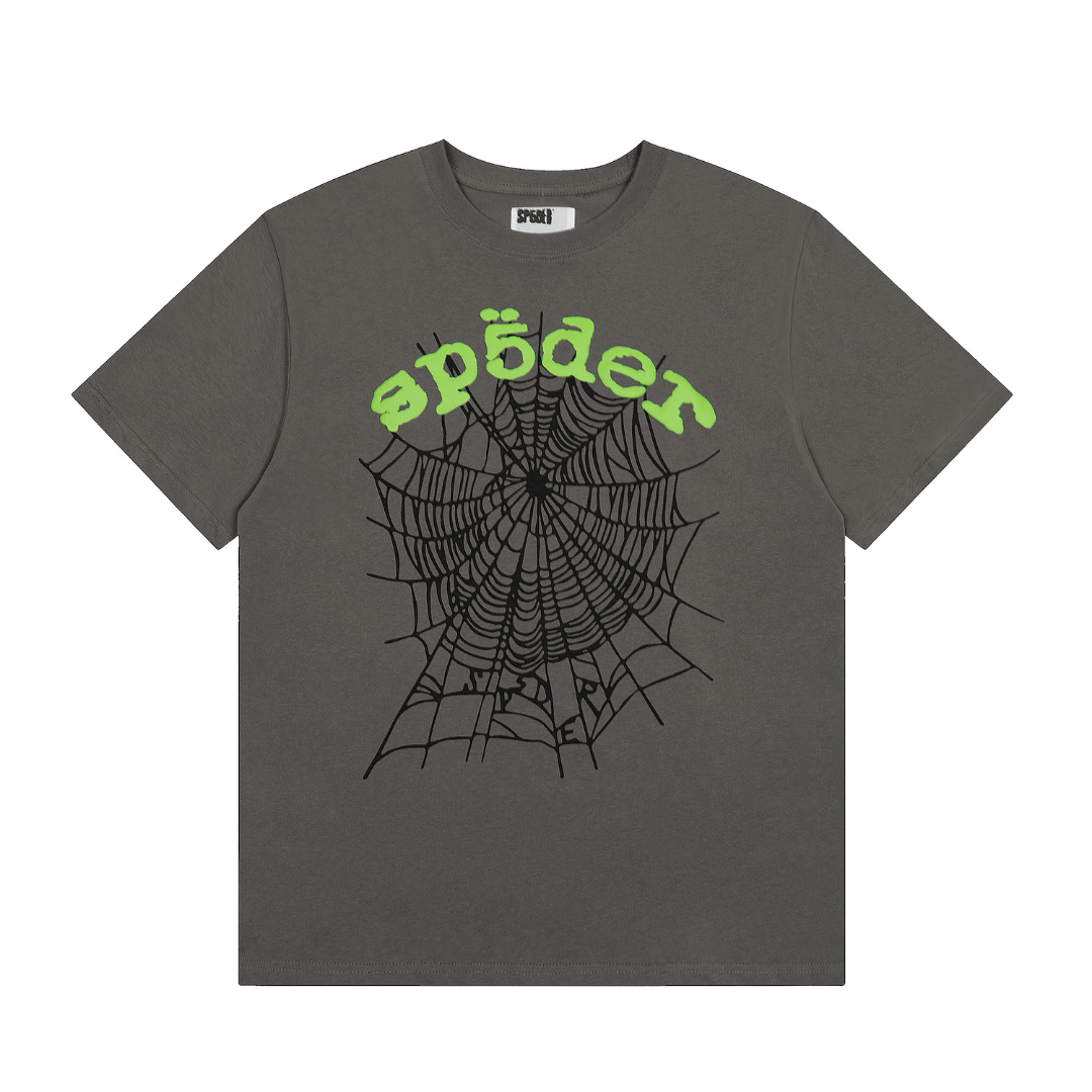 SP5DER T-SHIRT - GREEN TEXT WEB - GREY
