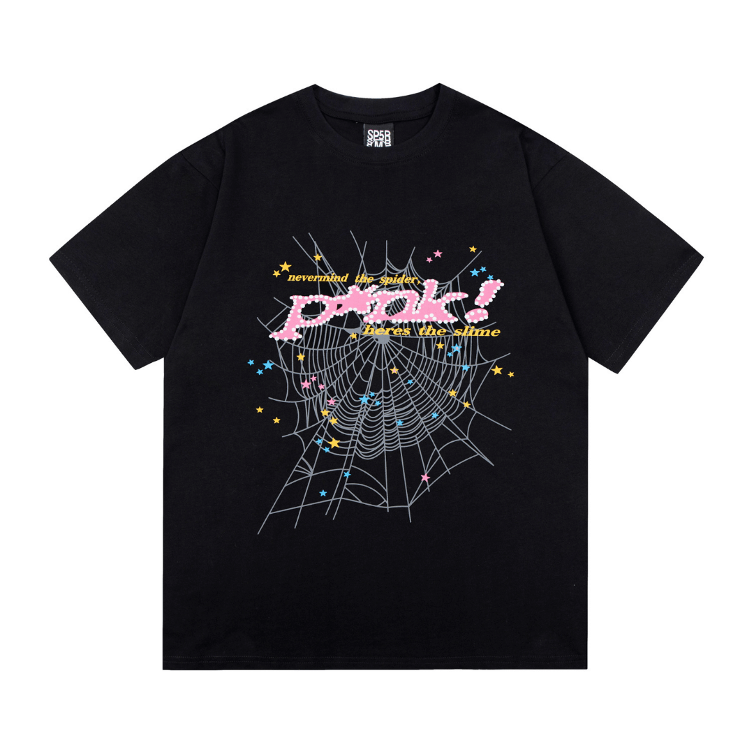 SP5DER T-SHIRT - PINK TEXT WEB - BLACK