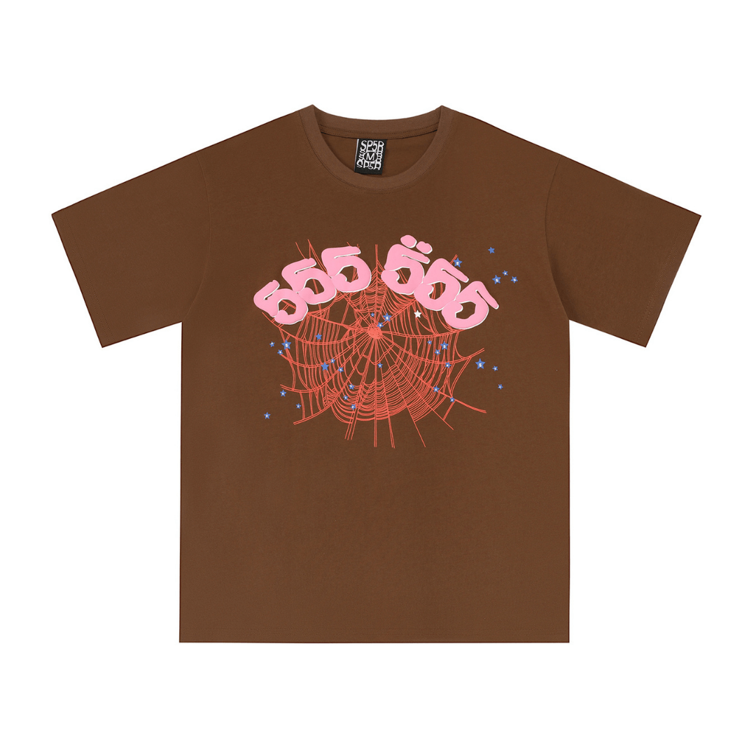 SP5DER T-SHIRT - 555 PINK WEB - BROWN