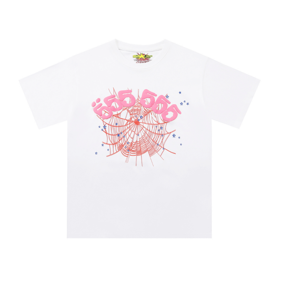SP5DER T-SHIRT -  555 PINK  WEB - WHITE