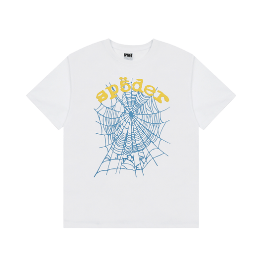 SP5DER T-SHIRT -  GOLD TEXT BLUE WEB - BLACK