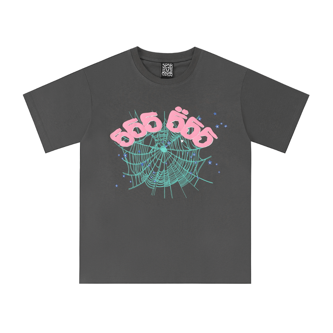SP5DER T-SHIRT -  555 PINK  WEB - GREY
